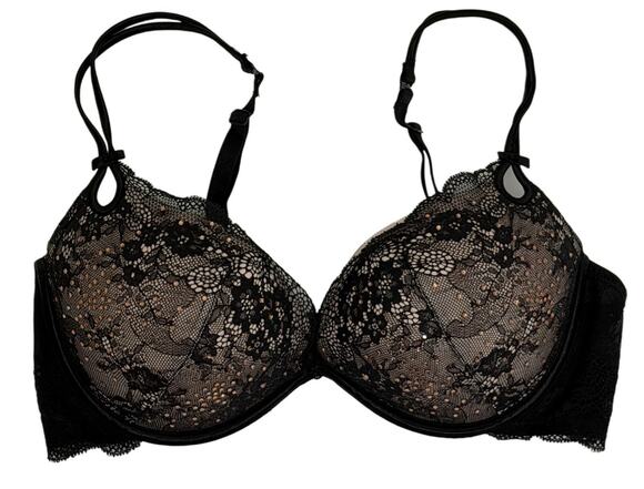 Victoria's Secret Other - Victoria’s Secret Sexy Little Things Bra 36D Black Lace Rinestones Bling Push Up